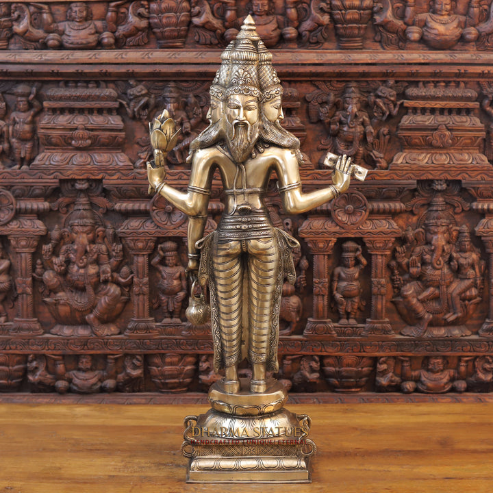 Brass Brahma Standing, Holding Lotus and Kamandal, Smooth Finish, 38.5"