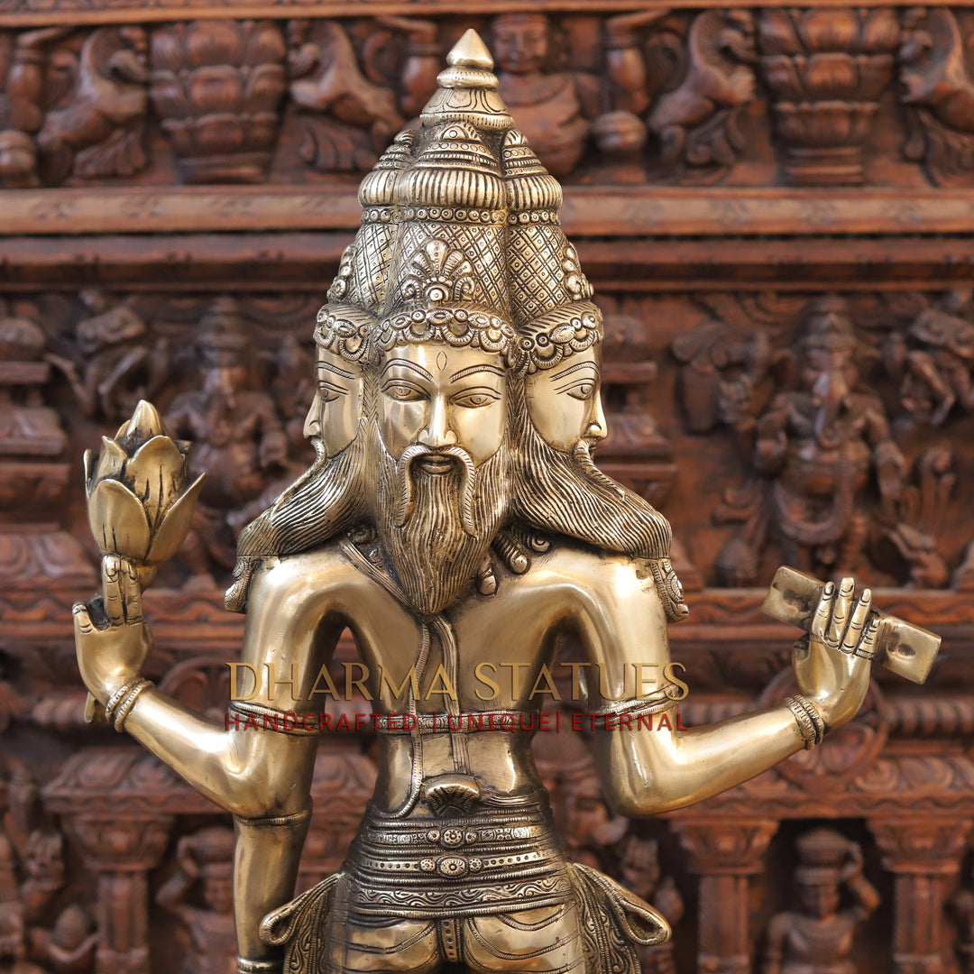 Brass Brahma Standing, Holding Lotus and Kamandal, Smooth Finish, 38.5"