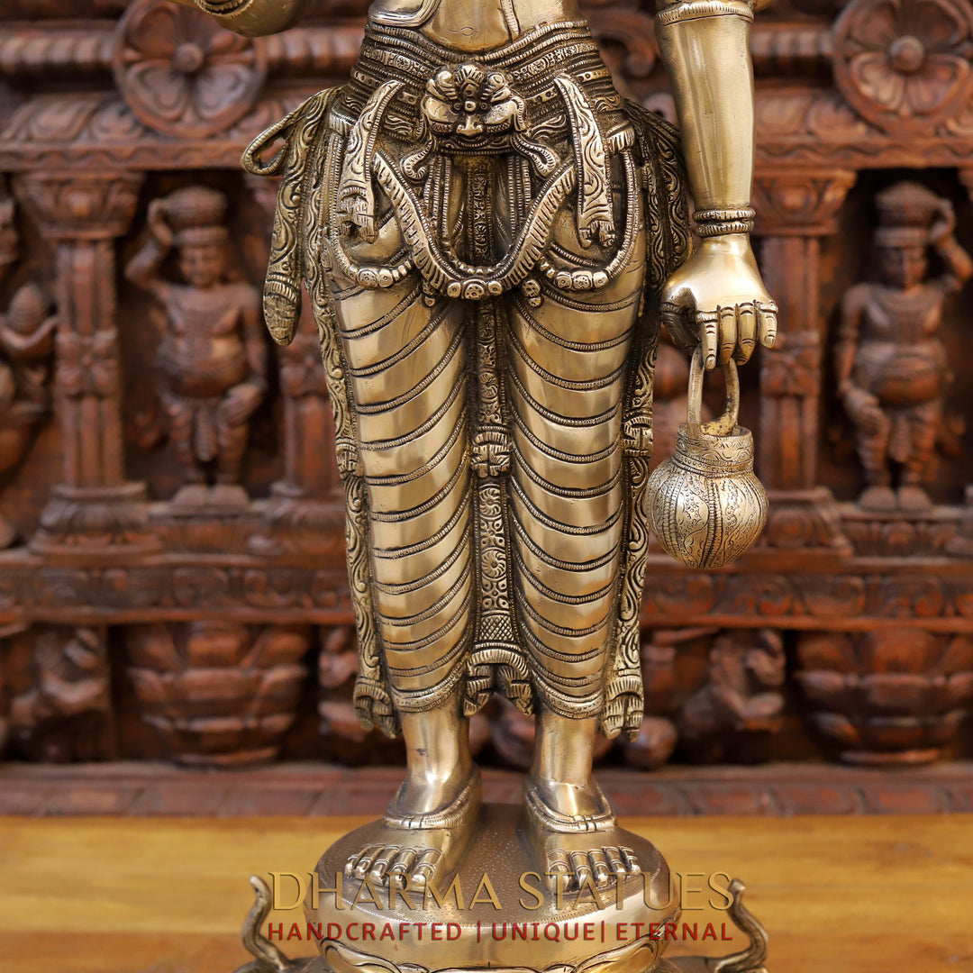 Brass Brahma Standing, Holding Lotus and Kamandal, Smooth Finish, 38.5"