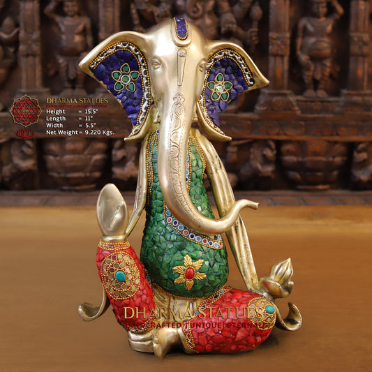 Brass Modern Ganesh seated in Blessing Posture, Stonework & Golden Finish, 15.5"