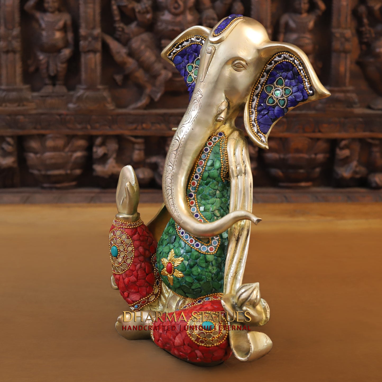 Brass Modern Ganesh seated in Blessing Posture, Stonework & Golden Finish, 15.5"