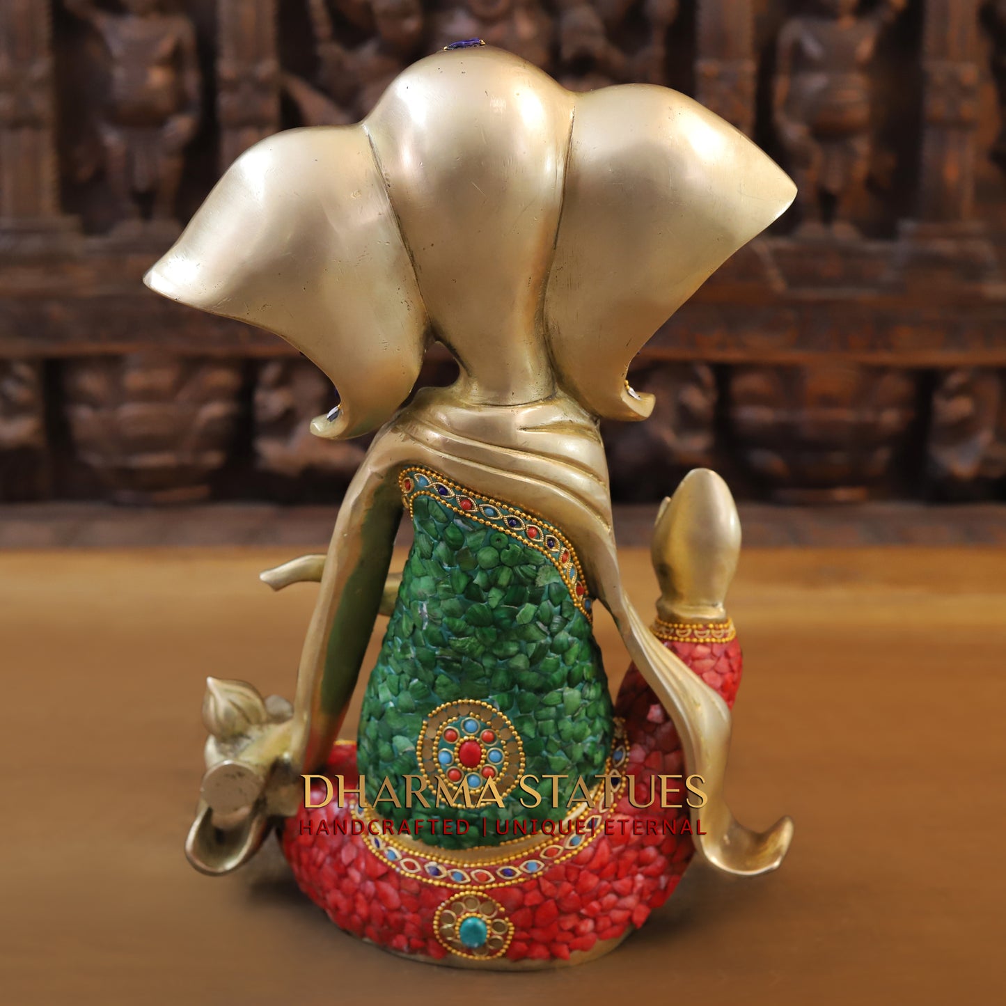Brass Modern Ganesh seated in Blessing Posture, Stonework & Golden Finish, 15.5"