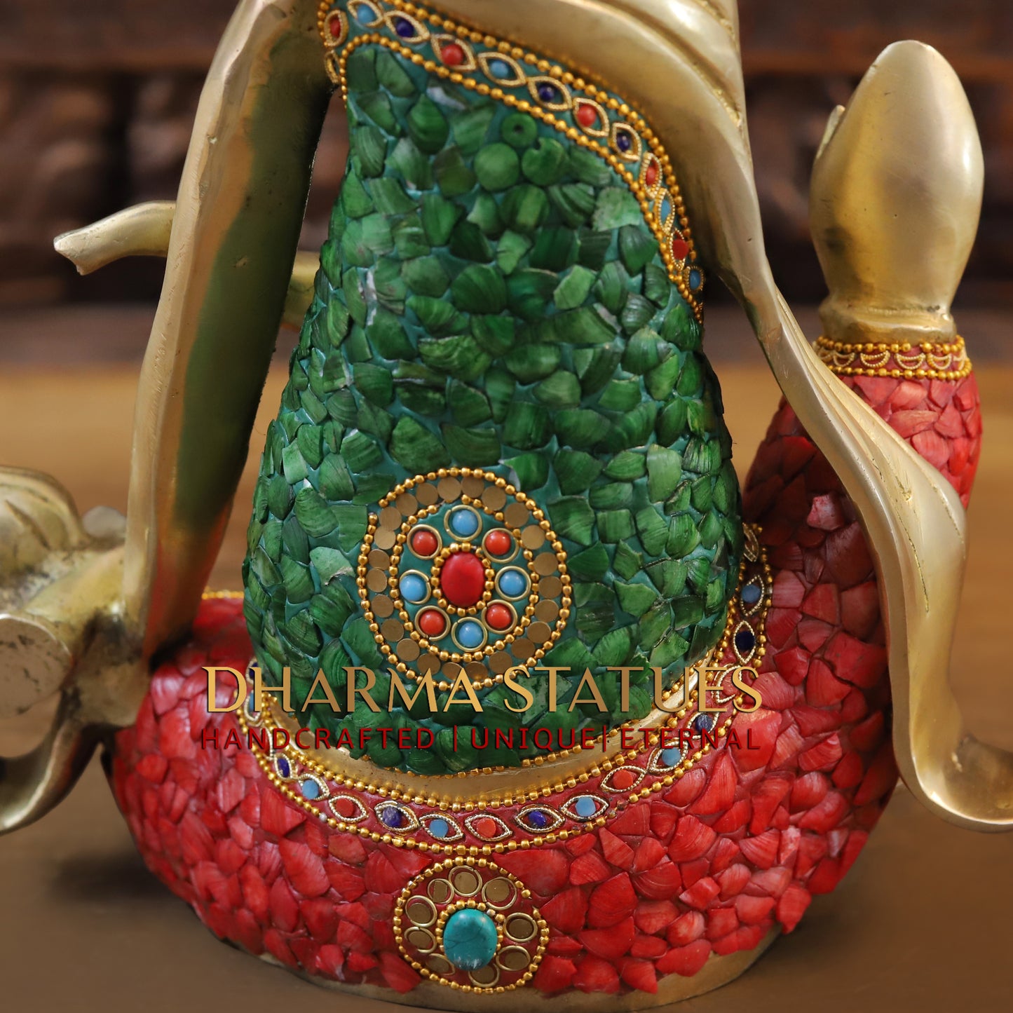 Brass Modern Ganesh seated in Blessing Posture, Stonework & Golden Finish, 15.5"