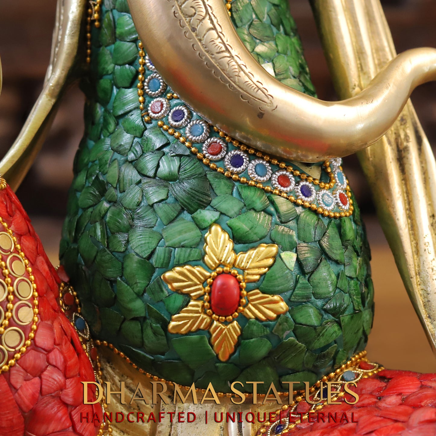 Brass Modern Ganesh seated in Blessing Posture, Stonework & Golden Finish, 15.5"