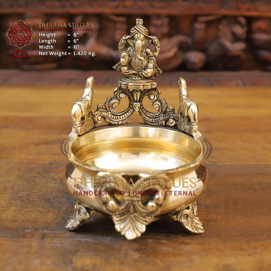 Brass Ganesh Urli, Golden Finish, 8"