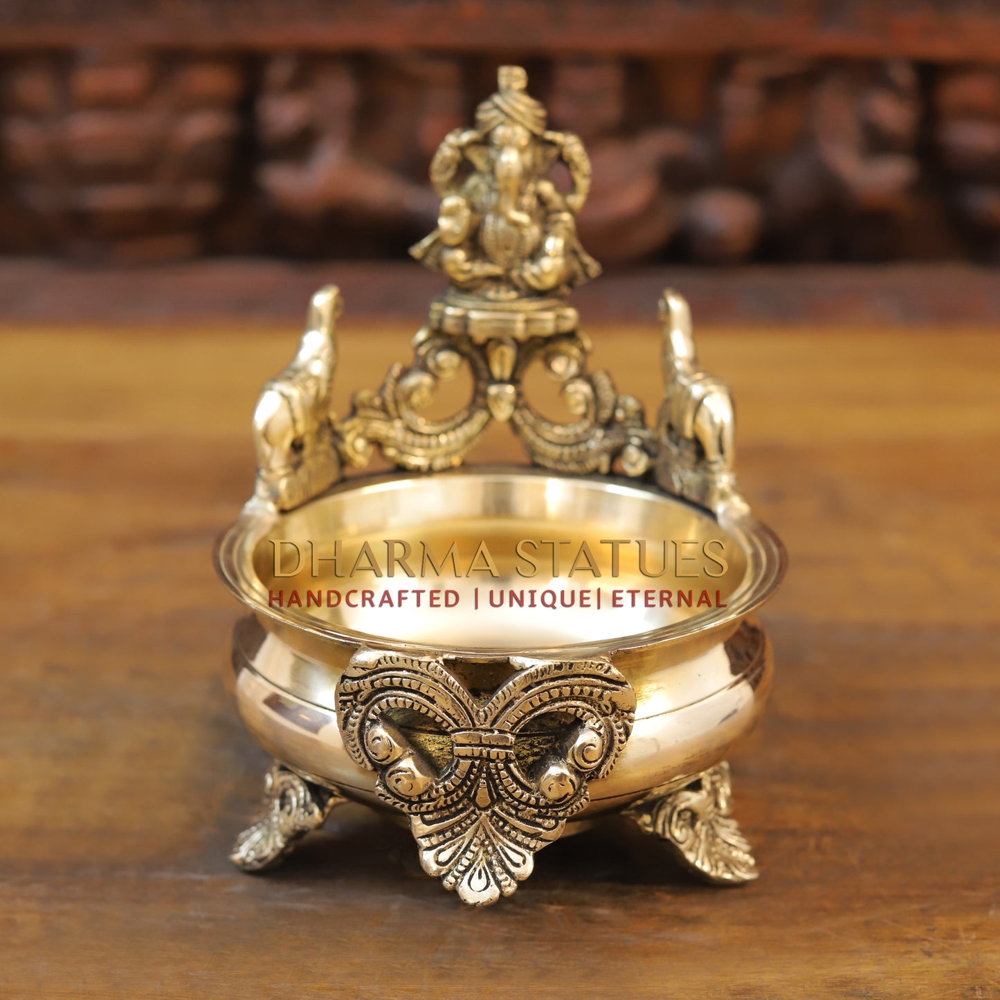 Brass Ganesh Urli, Golden Finish, 8"
