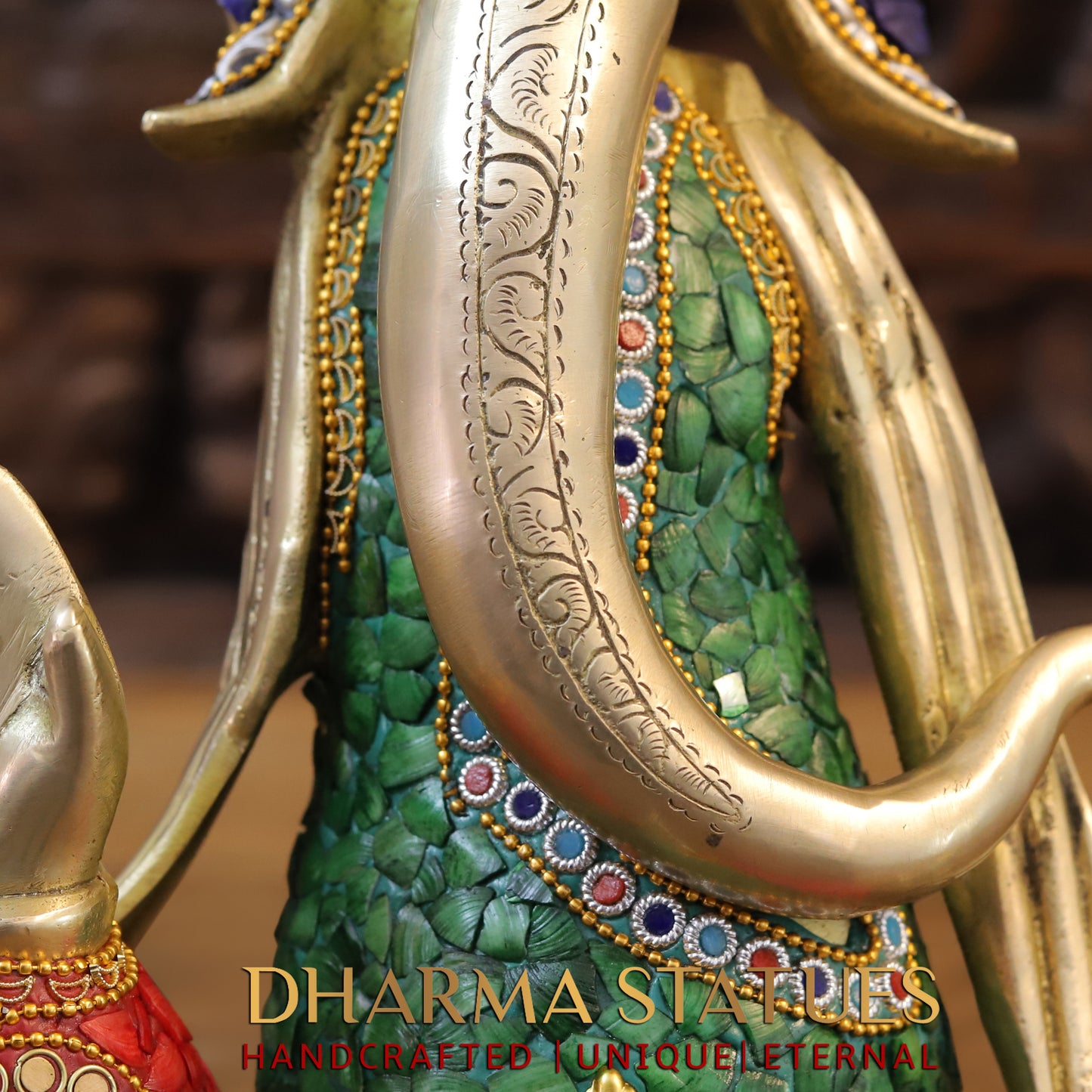 Brass Modern Ganesh seated in Blessing Posture, Stonework & Golden Finish, 15.5"
