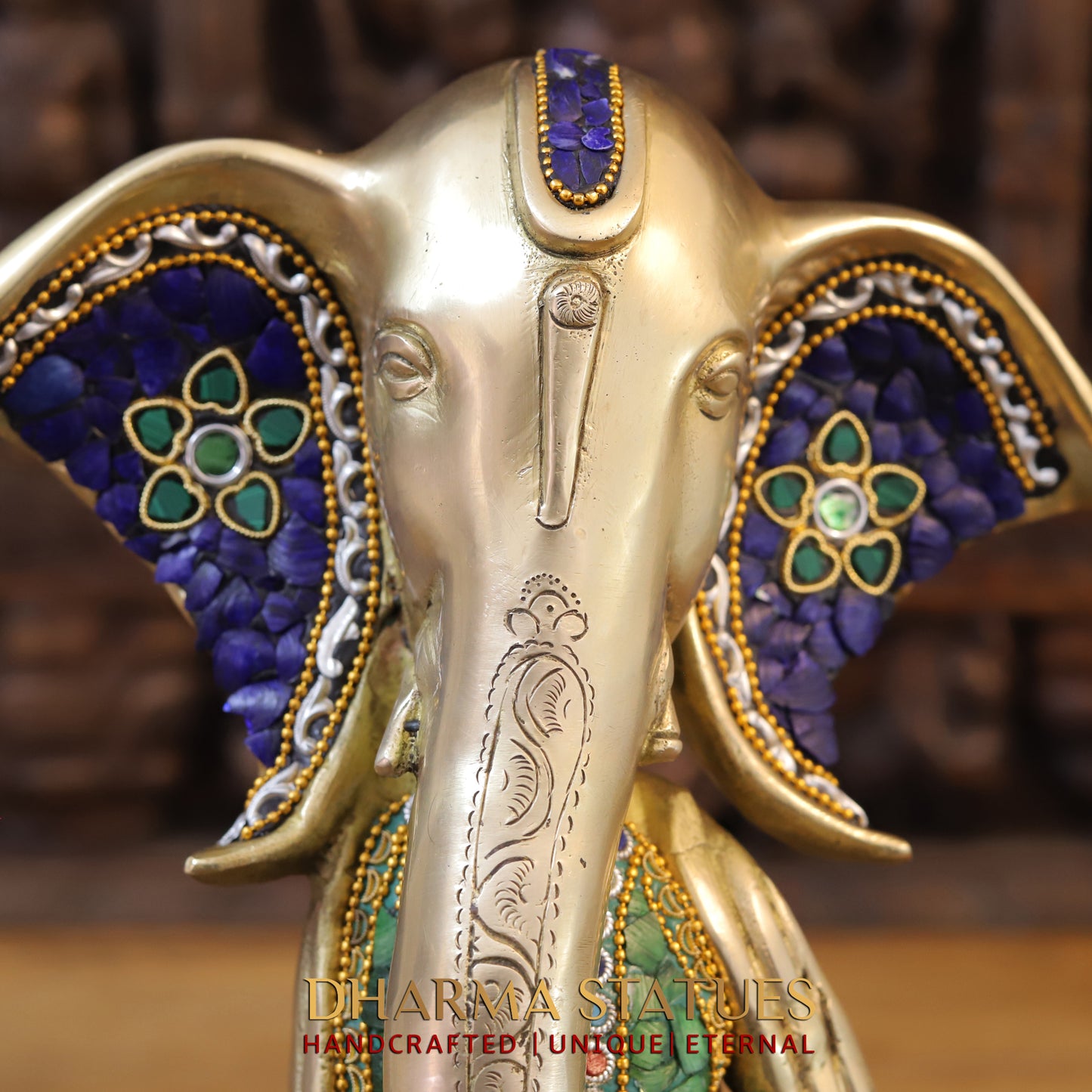 Brass Modern Ganesh seated in Blessing Posture, Stonework & Golden Finish, 15.5"