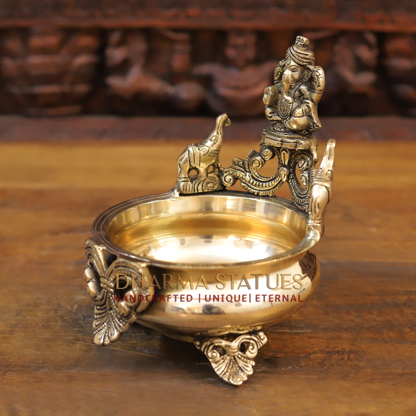 Brass Ganesh Urli, Golden Finish, 8"