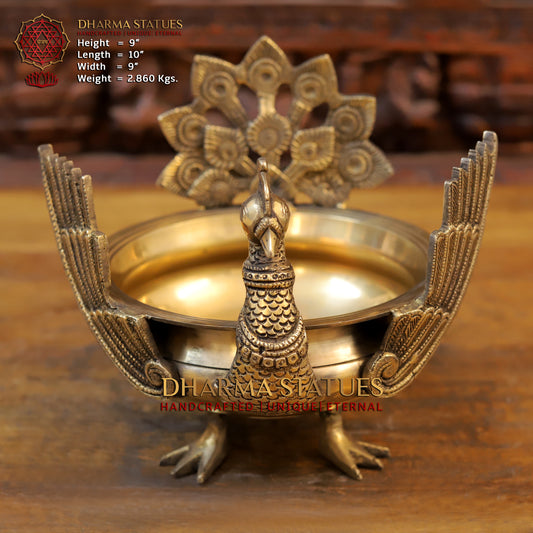 Brass Peacock Urli, Golden Finish, 9"