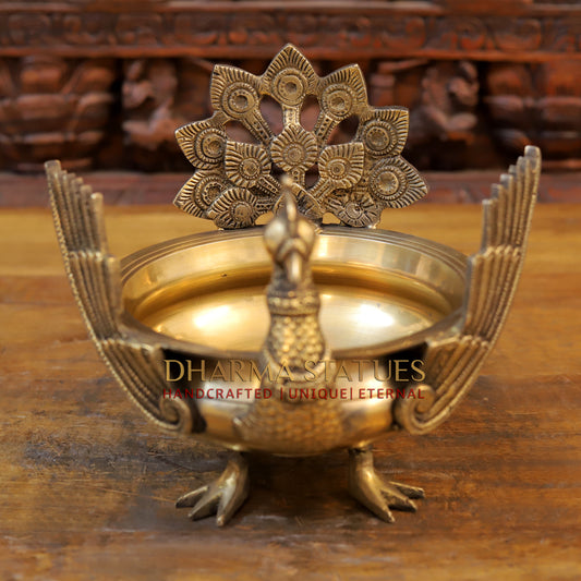 Brass Peacock Urli, Golden Finish, 9"