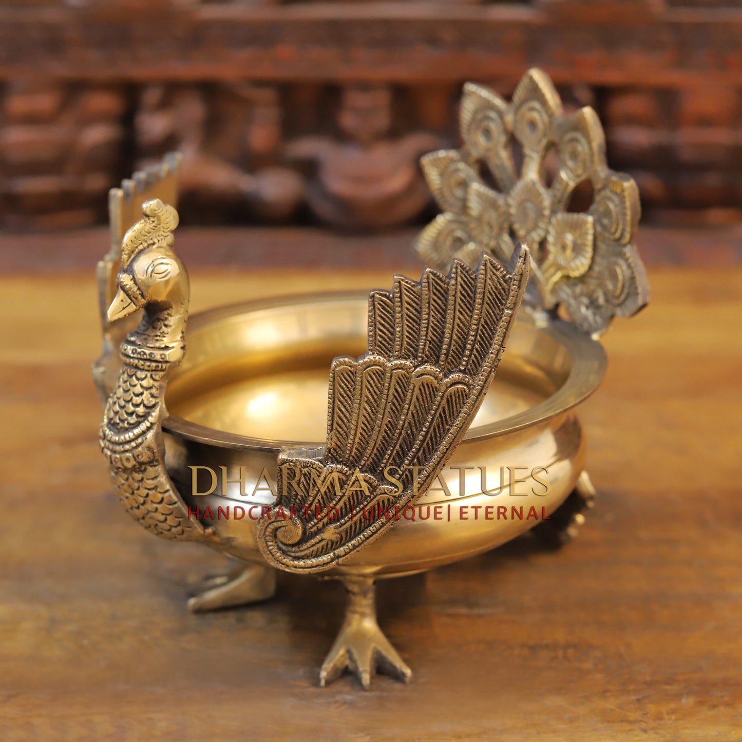 Brass Peacock Urli, Golden Finish, 9"