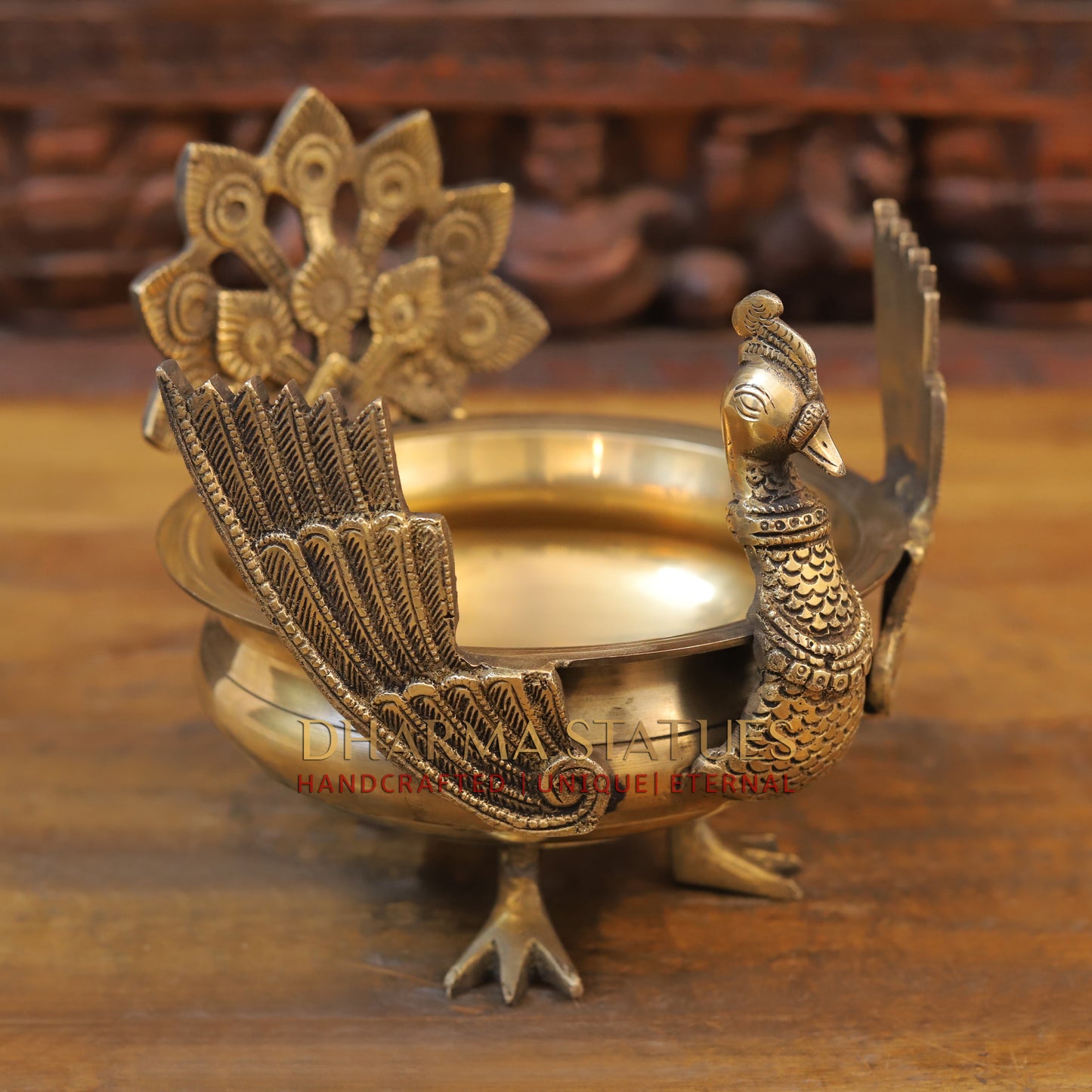 Brass Peacock Urli, Golden Finish, 9"