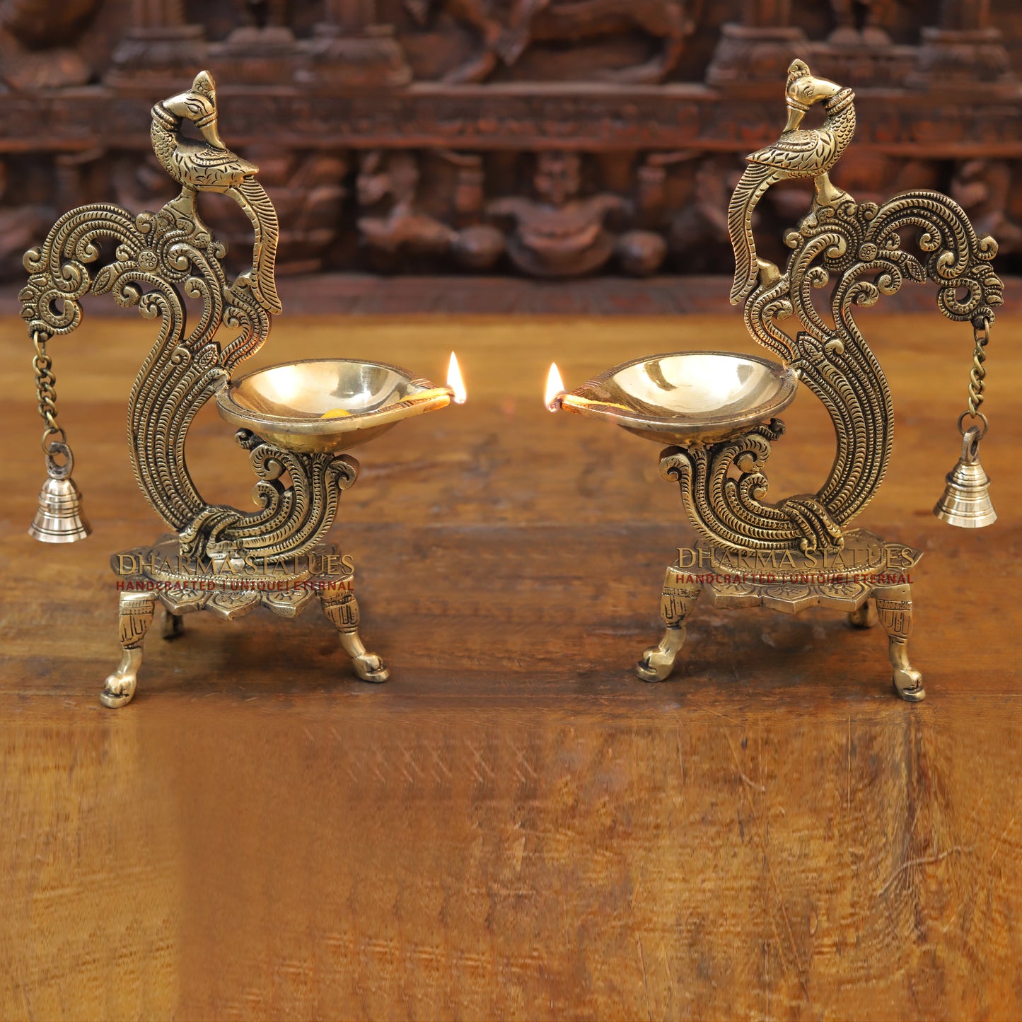 Brass Peacock Diya, Golden Finish, 12"