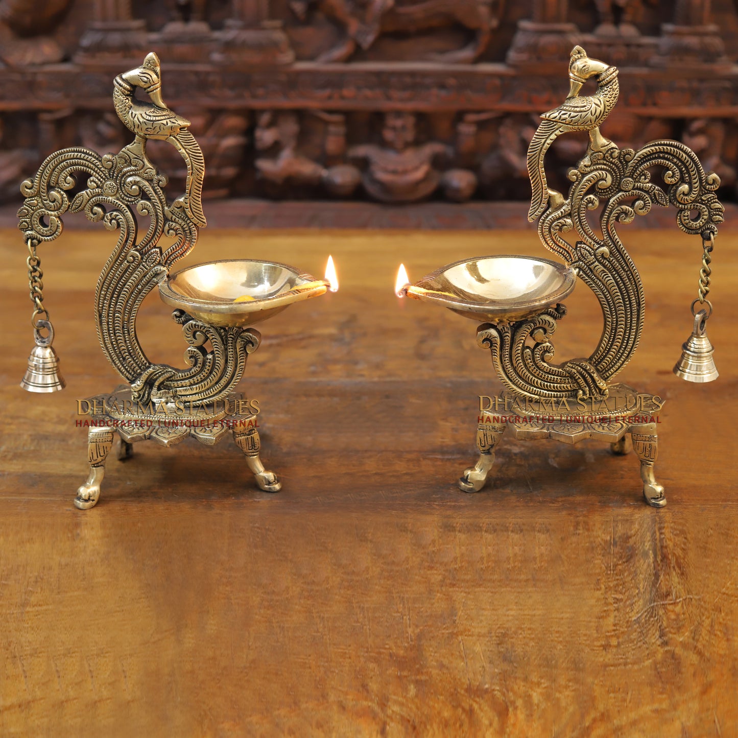 Brass Peacock Diya, Golden Finish, 12"