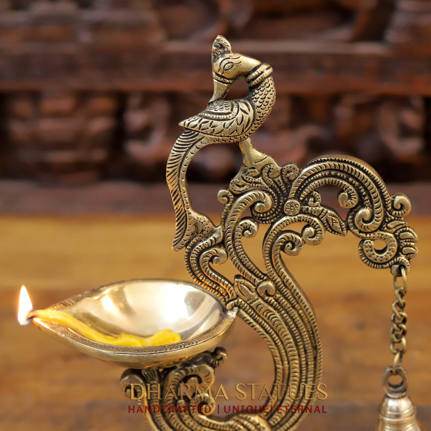 Brass Peacock Diya, Golden Finish, 12"