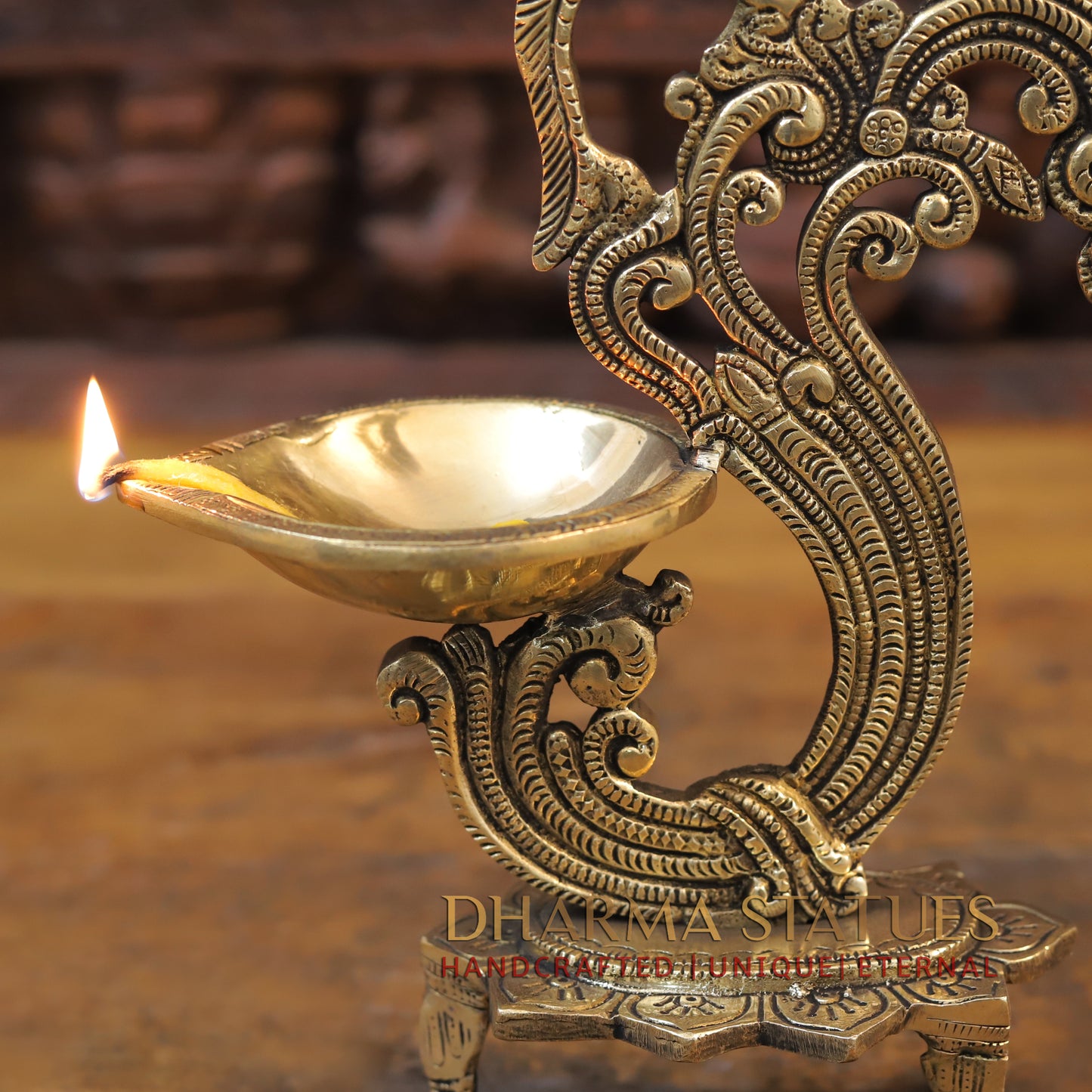 Brass Peacock Diya, Golden Finish, 12"
