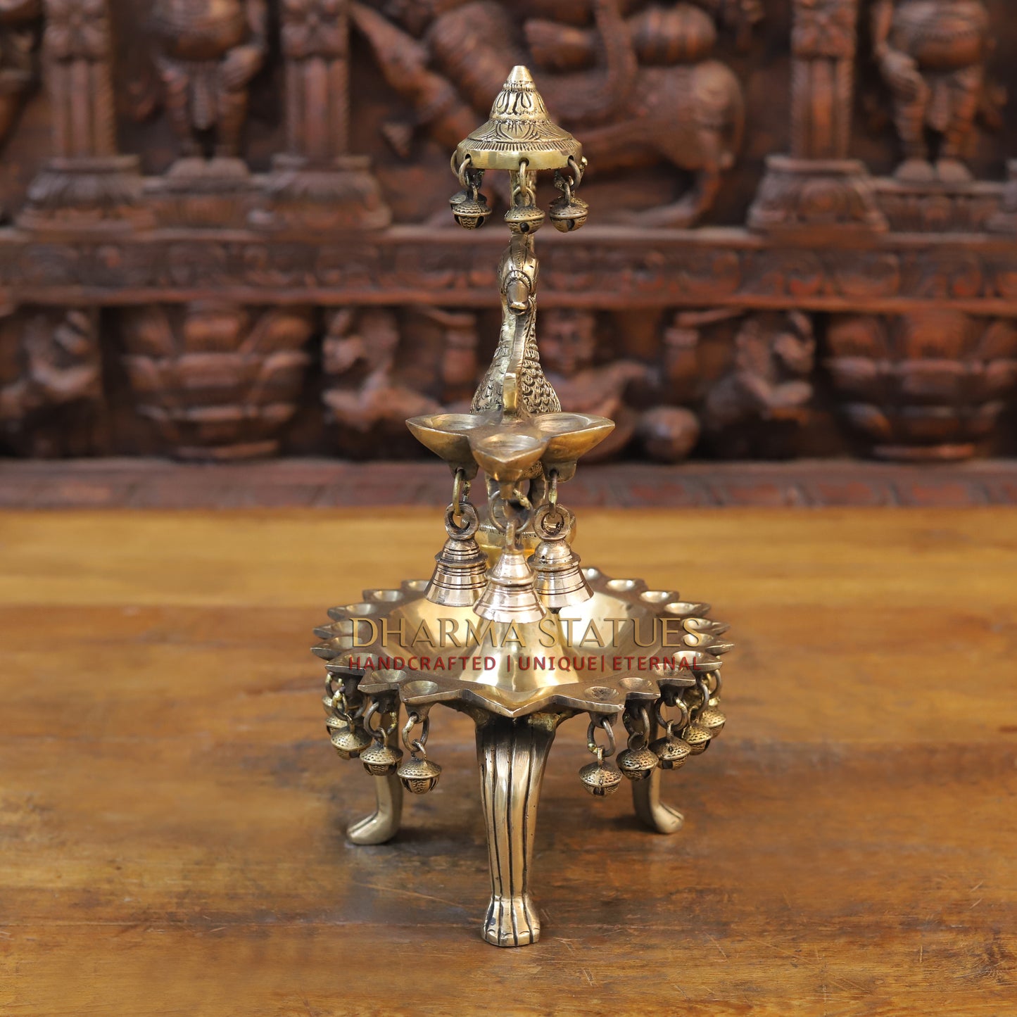Brass Peacock Lamp Holding 3 Diyas, Golden Finish, 14"