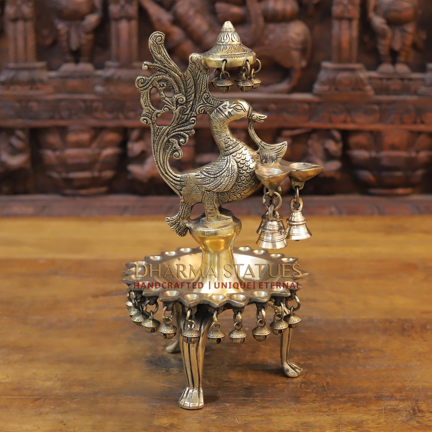 Brass Peacock Lamp Holding 3 Diyas, Golden Finish, 14"