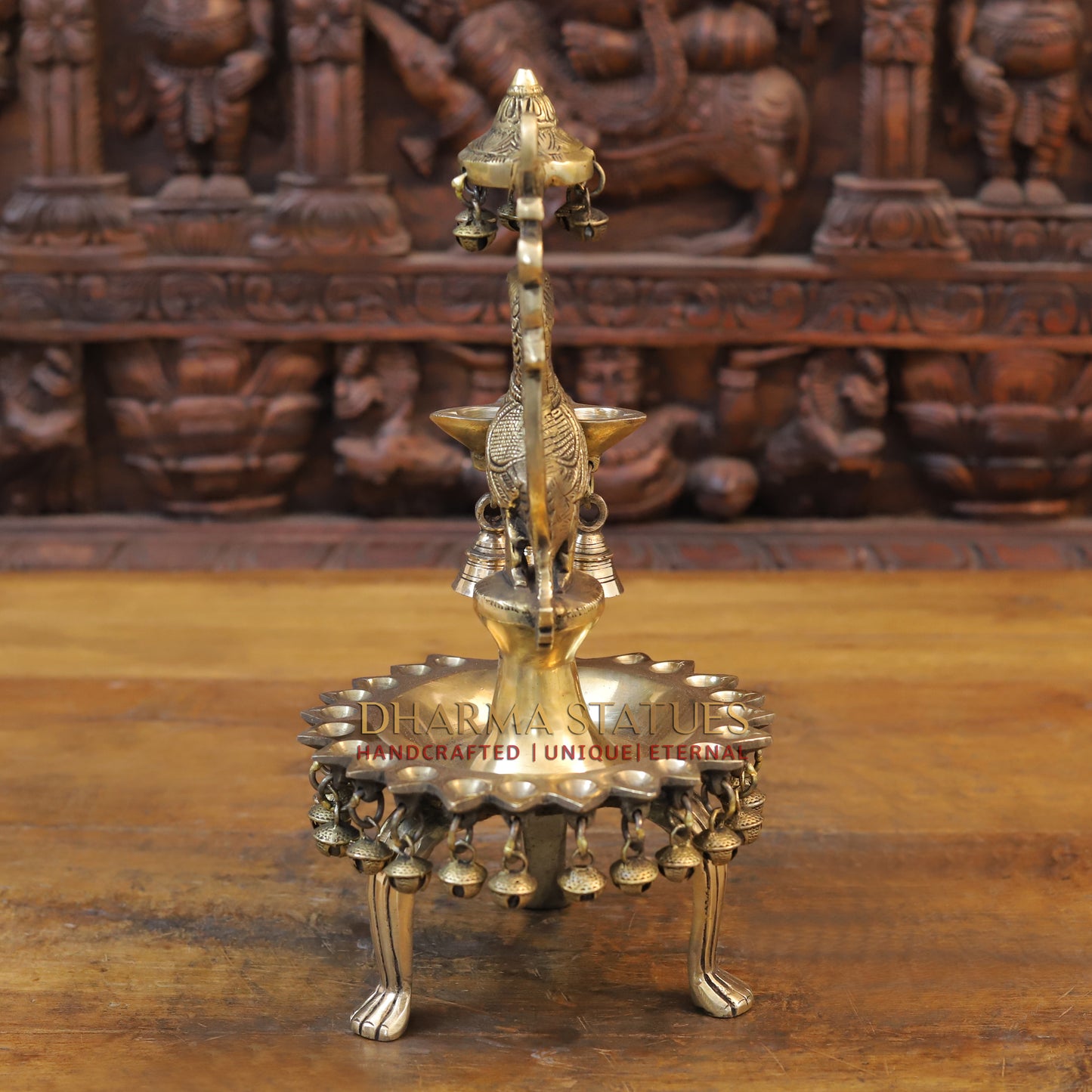 Brass Peacock Lamp Holding 3 Diyas, Golden Finish, 14"