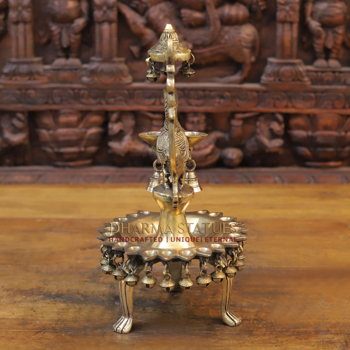 Brass Peacock Lamp Holding 3 Diyas, Golden Finish, 14"