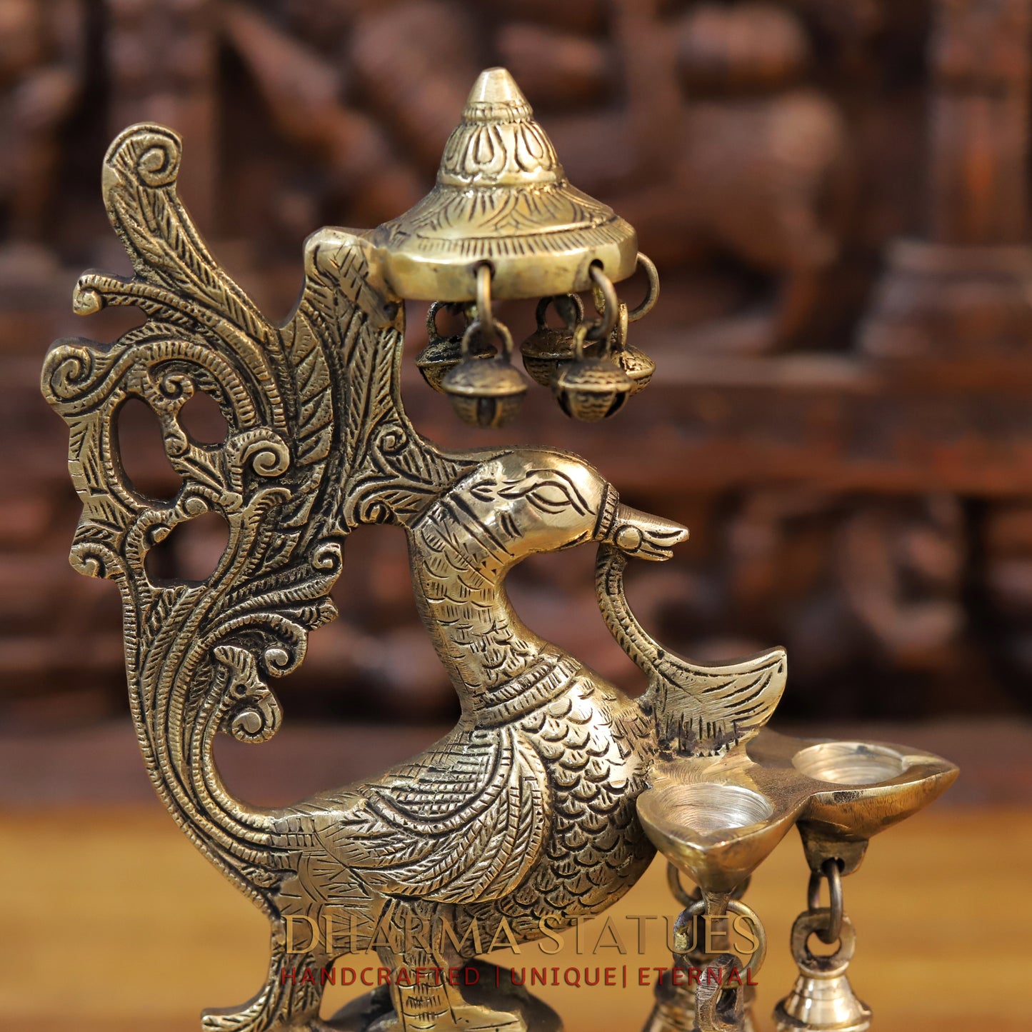 Brass Peacock Lamp Holding 3 Diyas, Golden Finish, 14"