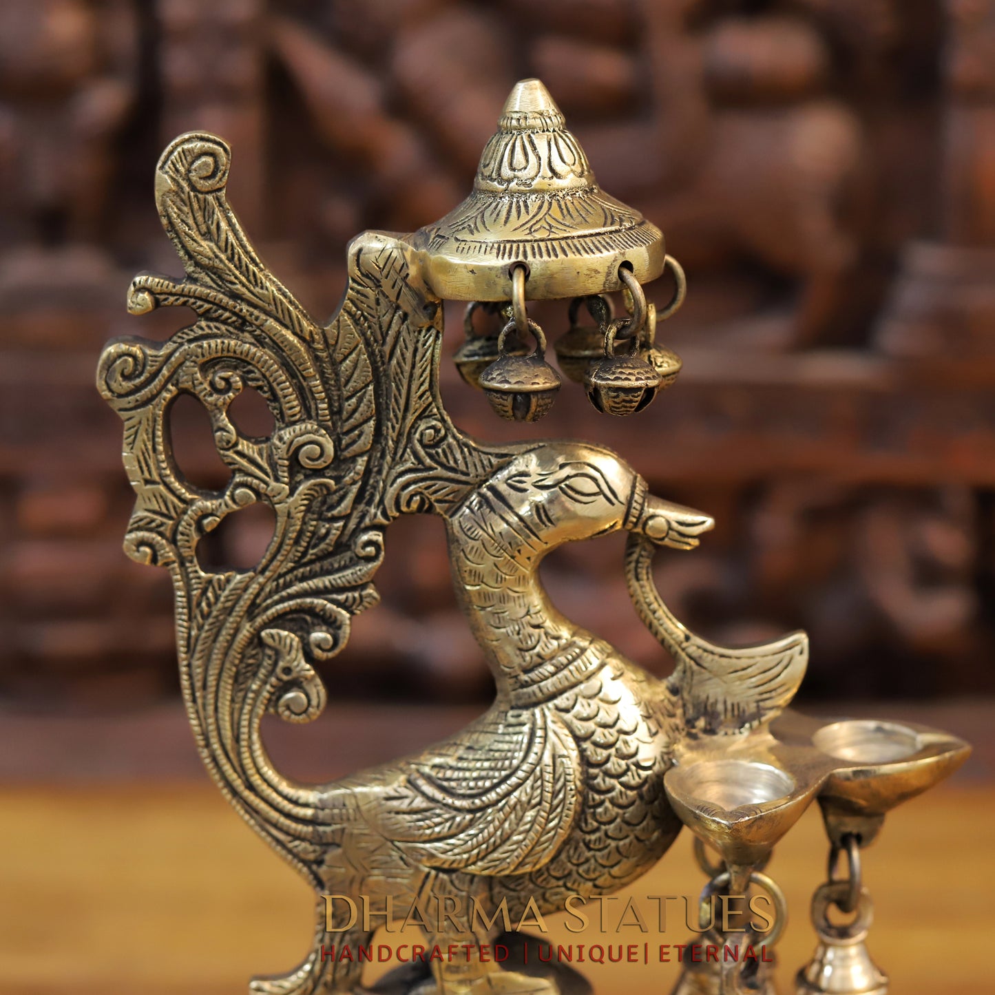 Brass Peacock Lamp Holding 3 Diyas, Golden Finish, 14"