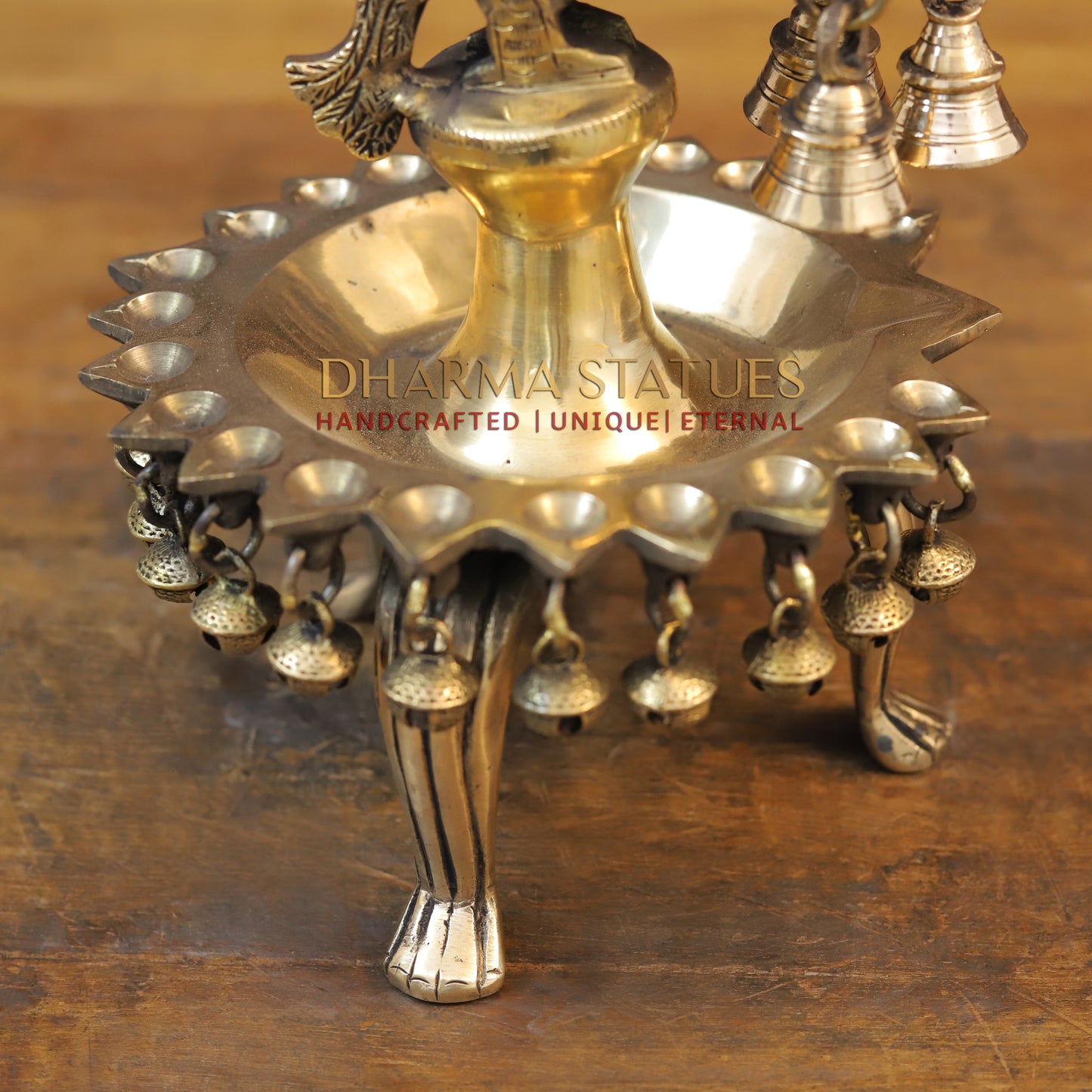 Brass Peacock Lamp Holding 3 Diyas, Golden Finish, 14"
