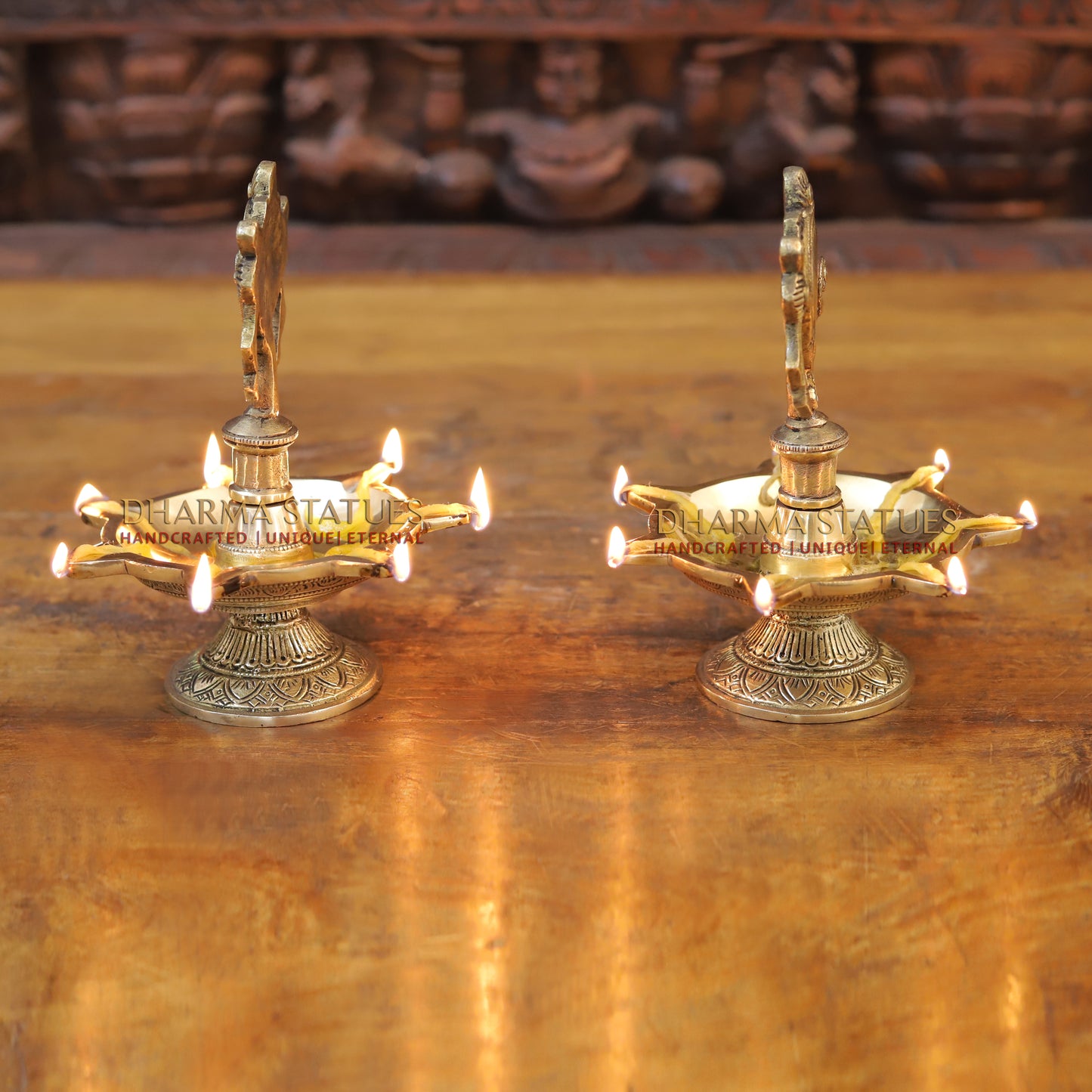 Brass Shankh Diya with 5 wicks, Golden Finish, 7"