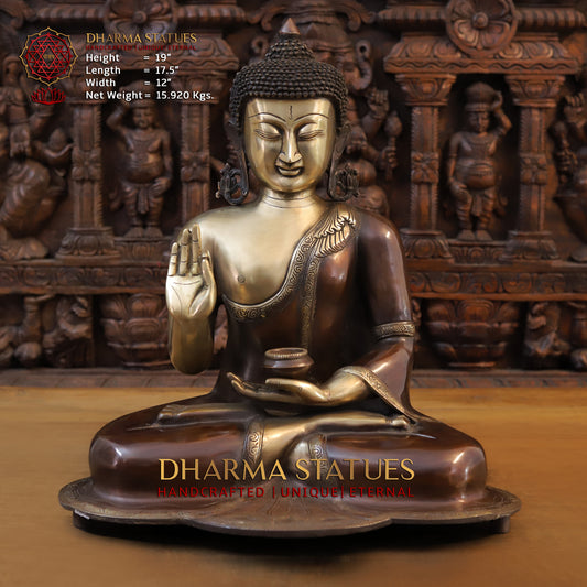 Brass Buddha seated in Varada Mudra, Copper & Golden Finish, 19"