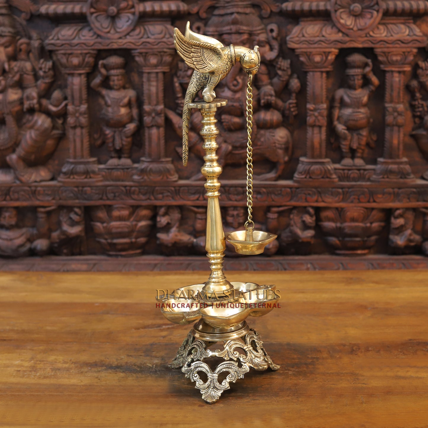 Brass Parrot Holding Deepak with Oil Wick Diya, Fine Gold Finish, 20.5"