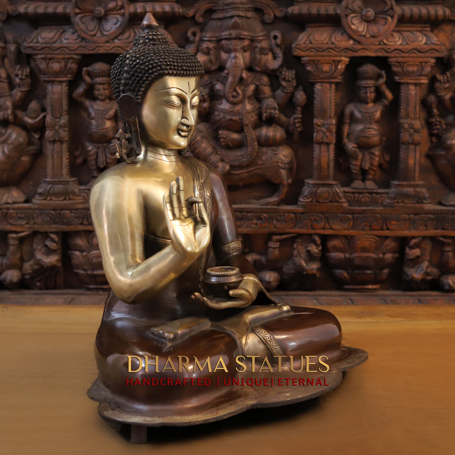 Brass Buddha seated in Varada Mudra, Copper & Golden Finish, 19"