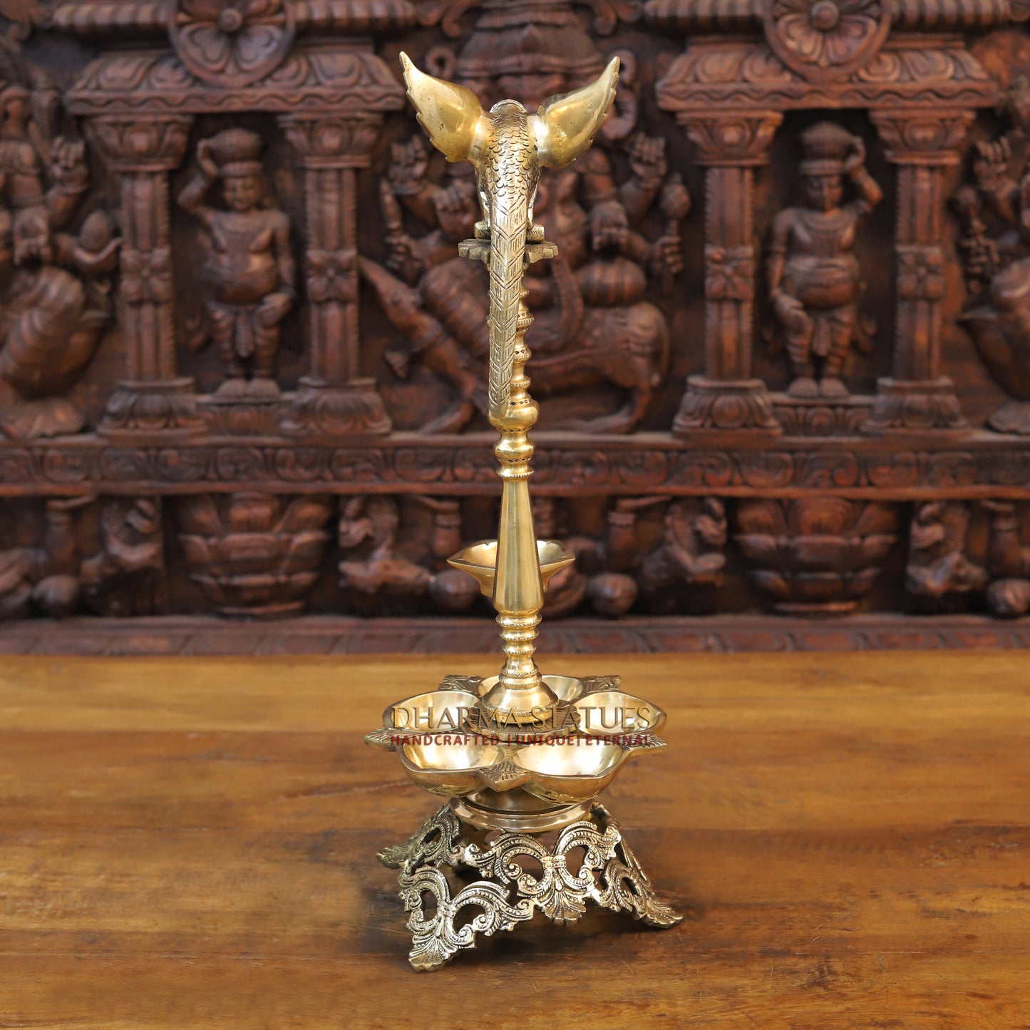 Brass Parrot Holding Deepak with Oil Wick Diya, Fine Gold Finish, 20.5"