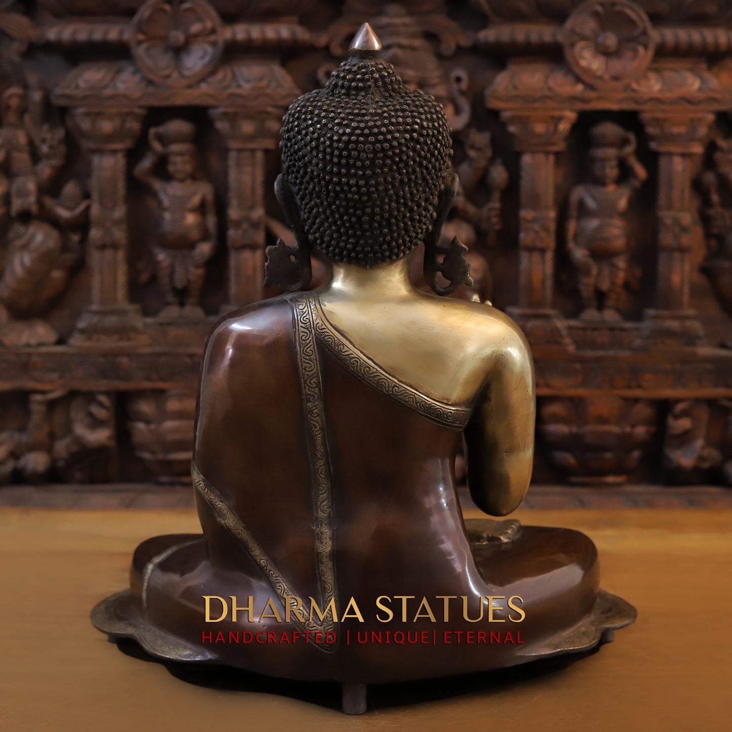 Brass Buddha seated in Varada Mudra, Copper & Golden Finish, 19"