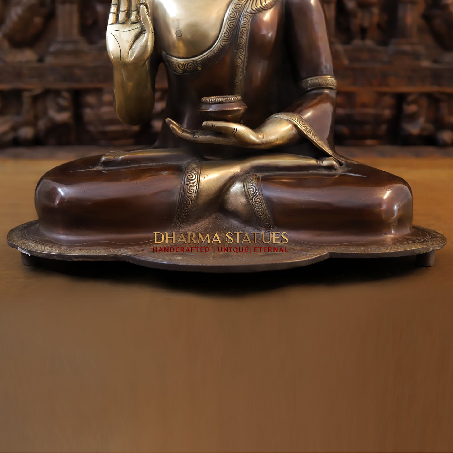 Brass Buddha seated in Varada Mudra, Copper & Golden Finish, 19"