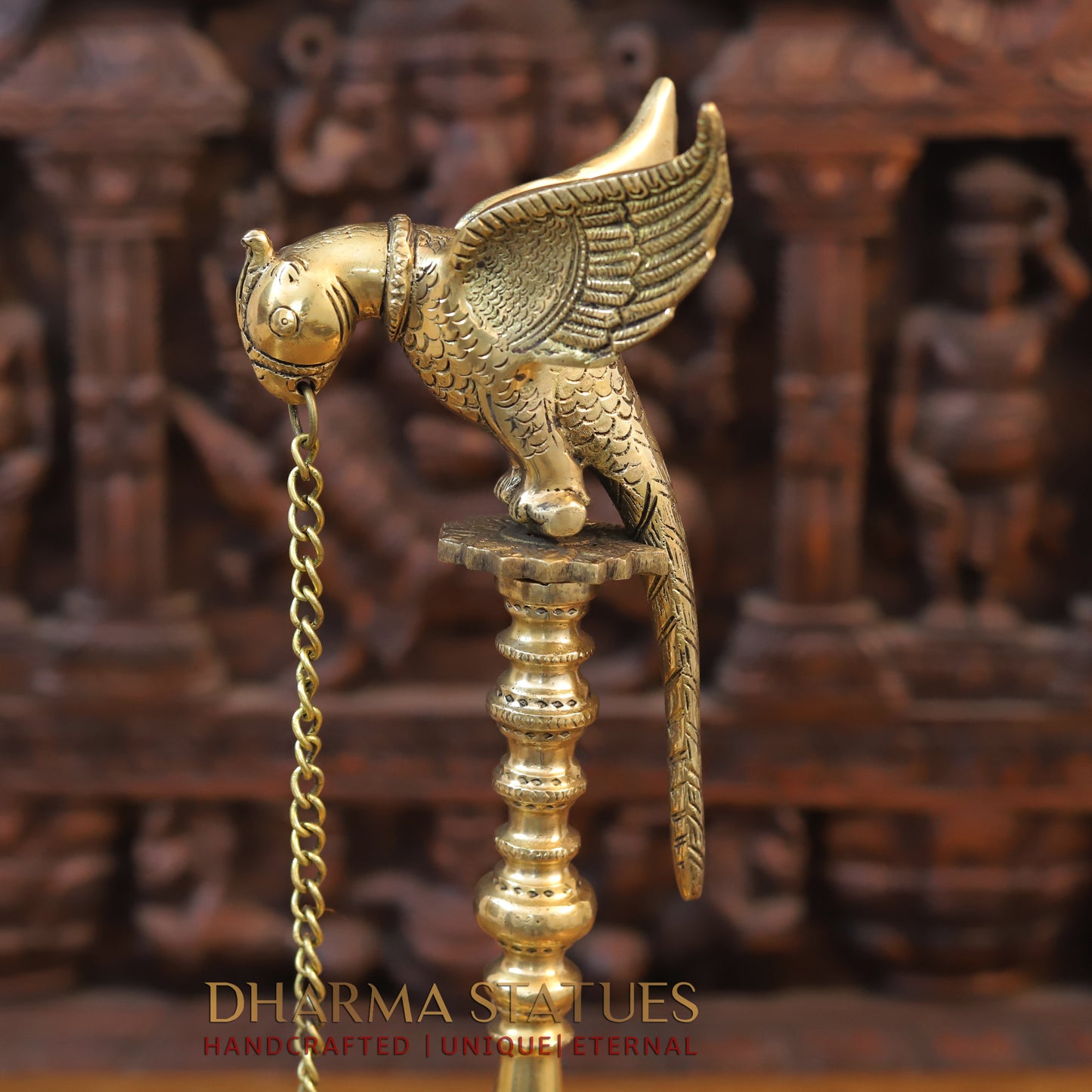 Brass Parrot Holding Deepak with Oil Wick Diya, Fine Gold Finish, 20.5"