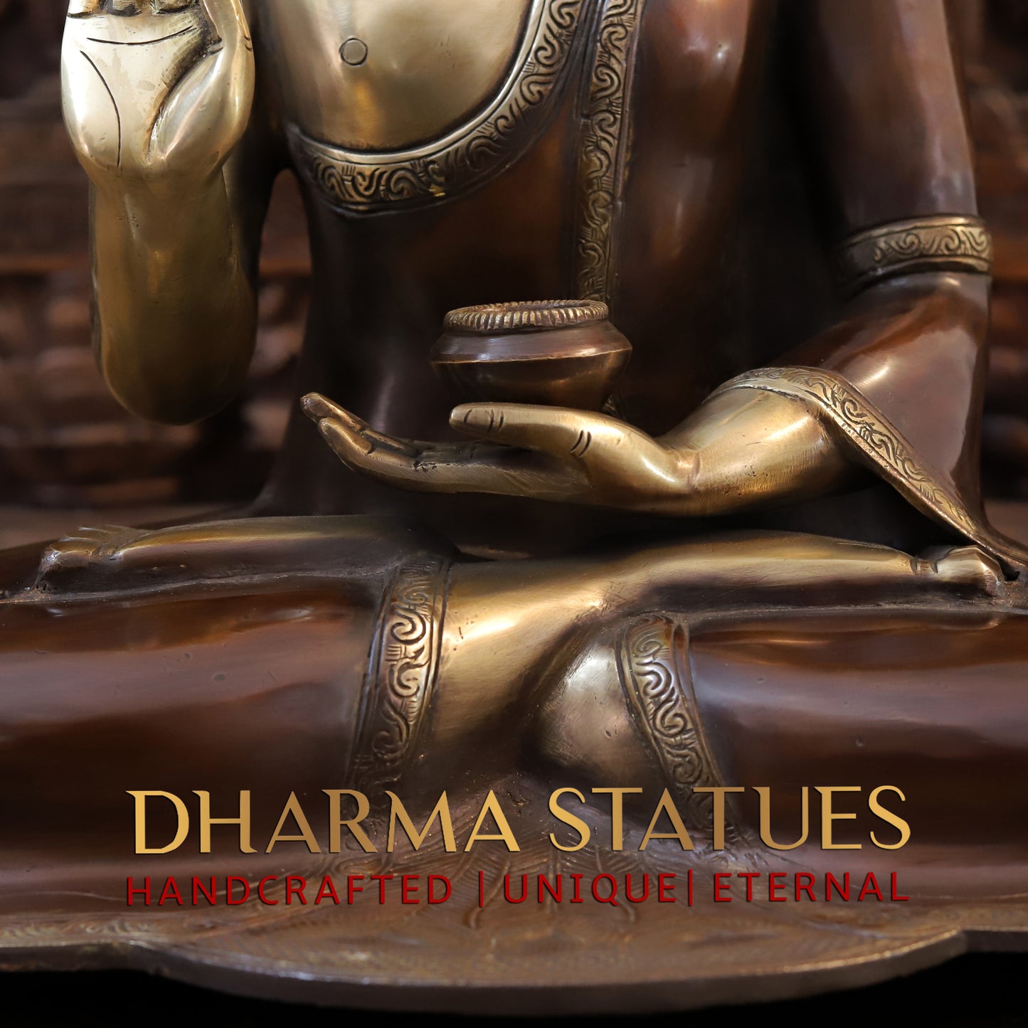 Brass Buddha seated in Varada Mudra, Copper & Golden Finish, 19"