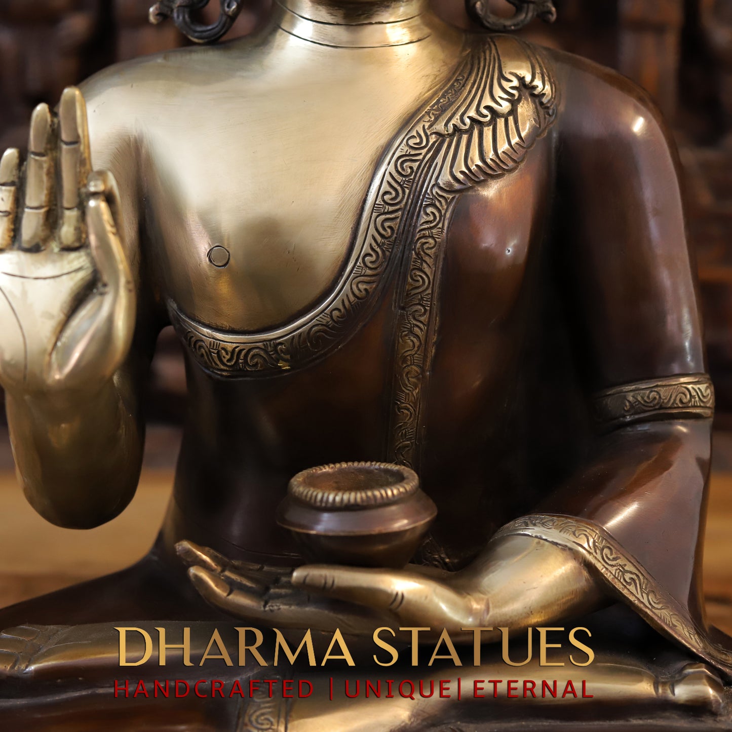 Brass Buddha seated in Varada Mudra, Copper & Golden Finish, 19"