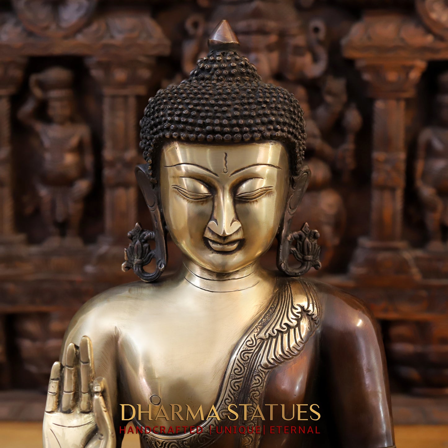 Brass Buddha seated in Varada Mudra, Copper & Golden Finish, 19"