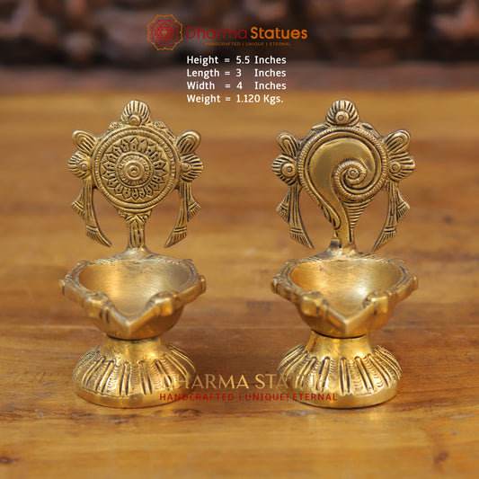 Brass Shankh Chakra Diya, Fine Golden Finish 5.5"