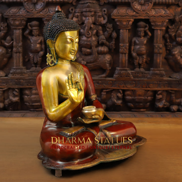 Brass kundal buddha Idol, Red and Gold Finish 19"