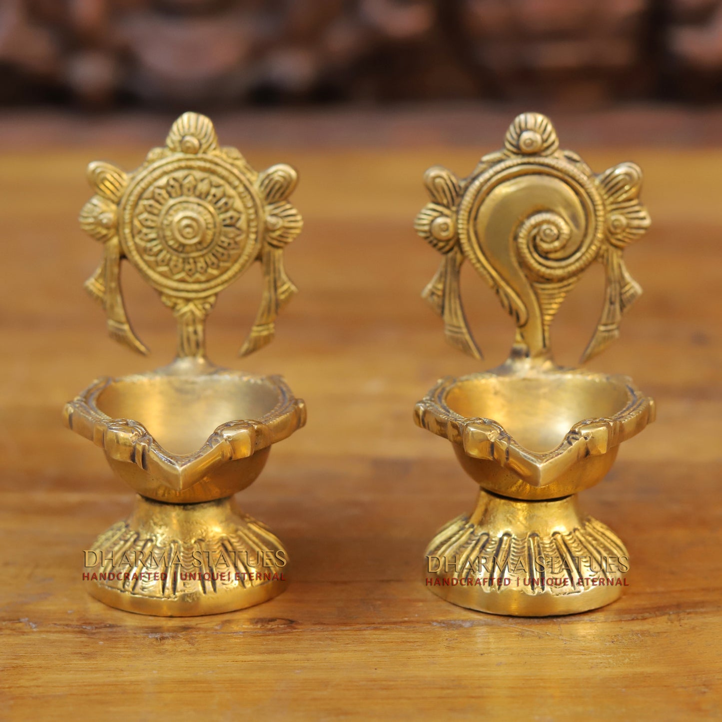 Brass Shankh Chakra Diya, Fine Golden Finish 5.5"
