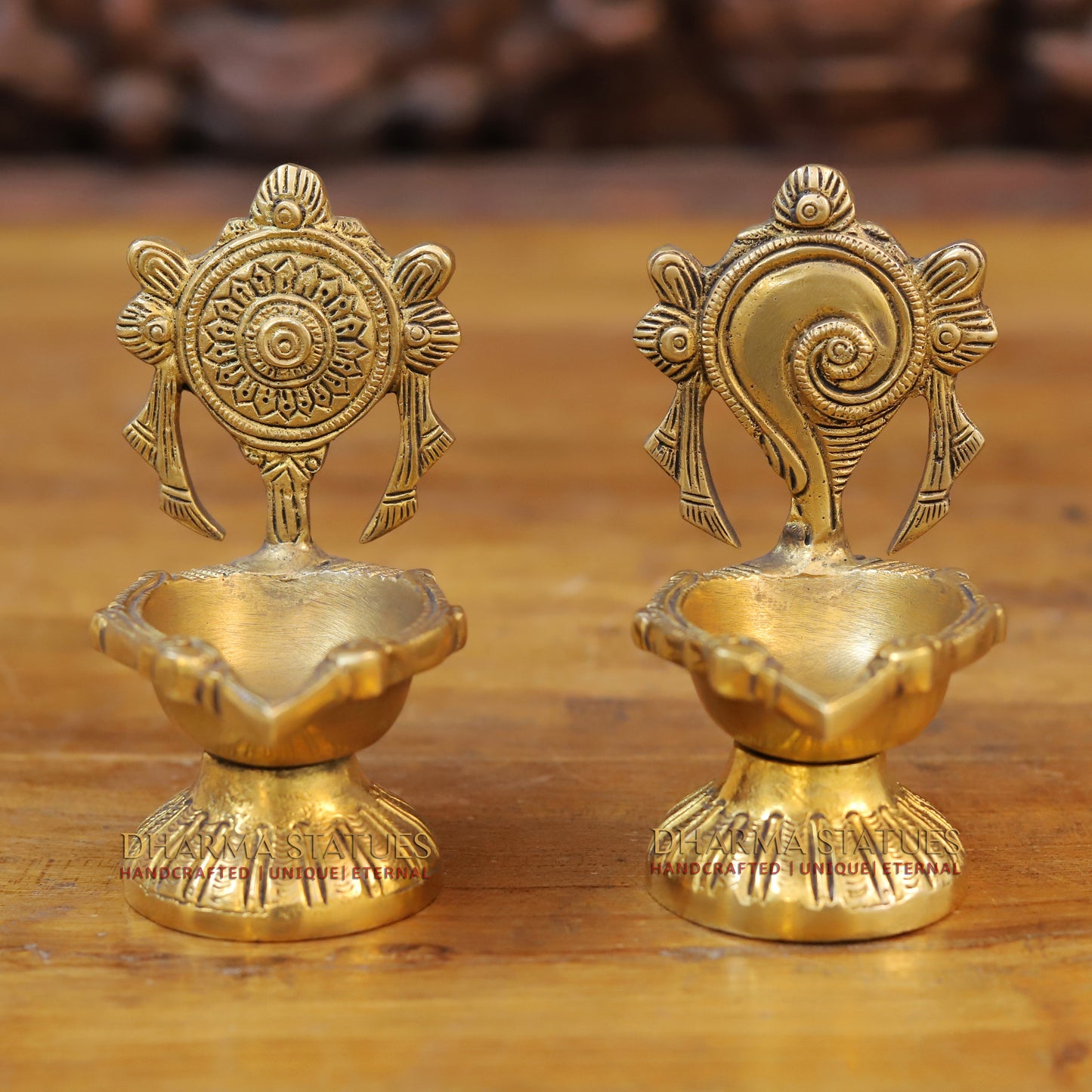 Brass Shankh Chakra Diya, Fine Golden Finish 5.5"