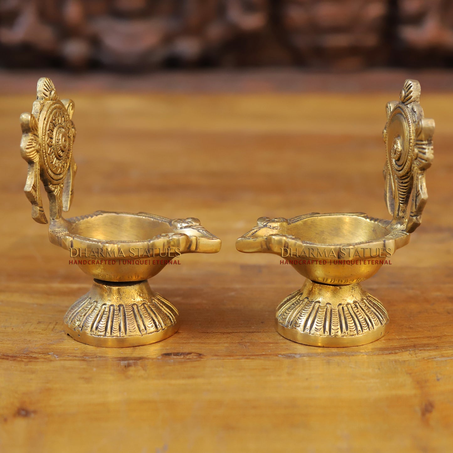 Brass Shankh Chakra Diya, Fine Golden Finish 5.5"
