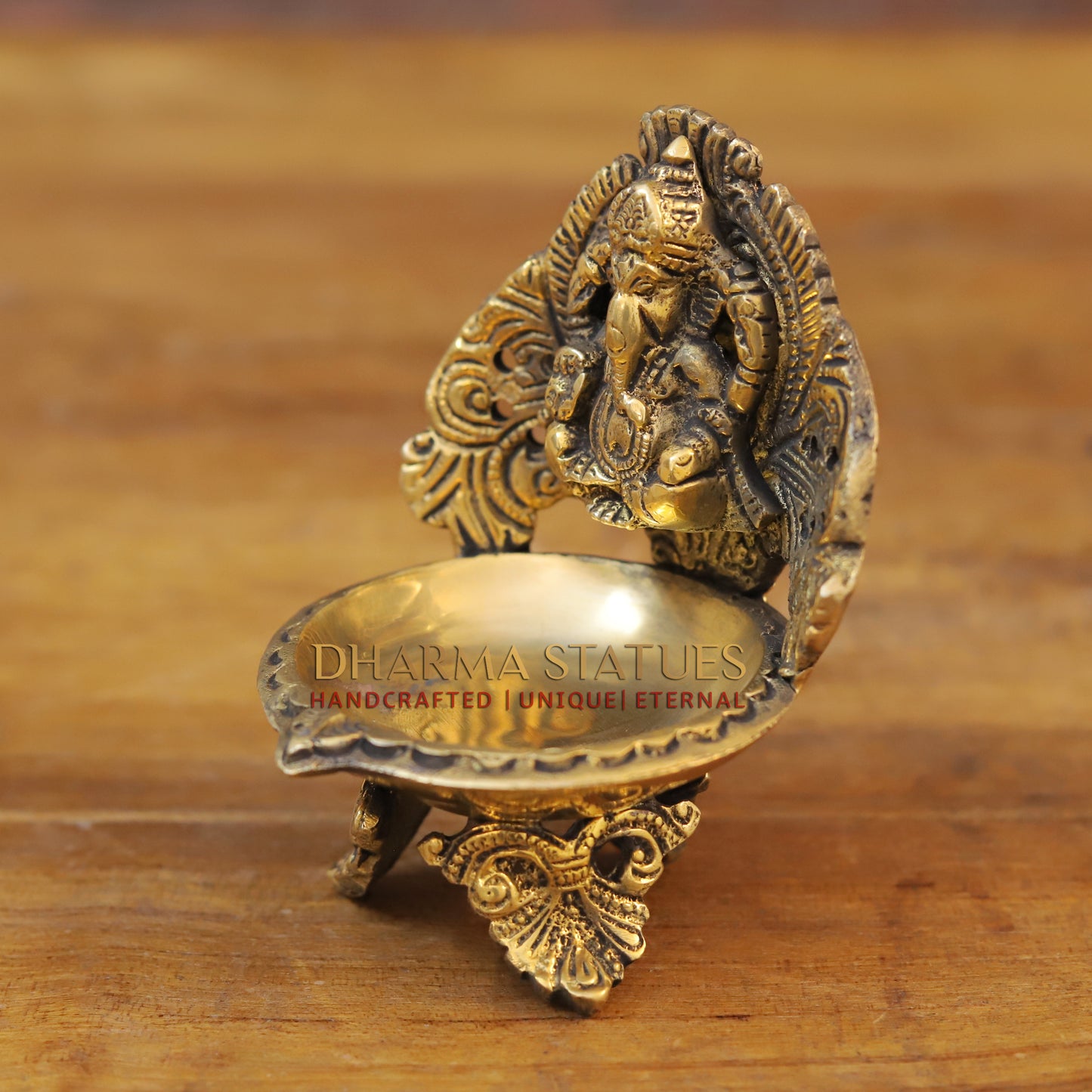 Brass Ganesh Lakshmi Diya, Fine Golden Finish 5.5"
