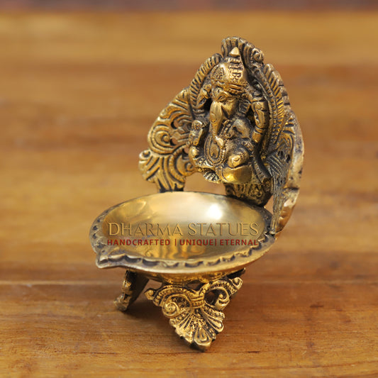 Brass Ganesh Lakshmi Diya, Fine Golden Finish 5.5"