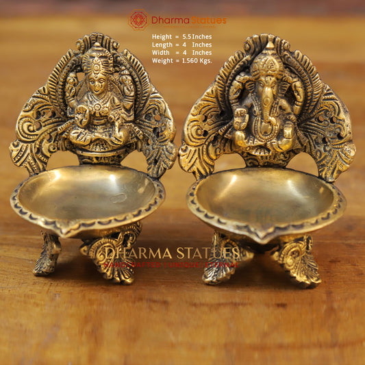 Brass Ganesh Lakshmi Diya, Fine Golden Finish 5.5"