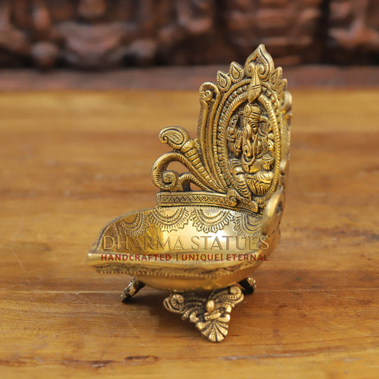 Brass Ganesh Diya, Fine Golden Finish 7"