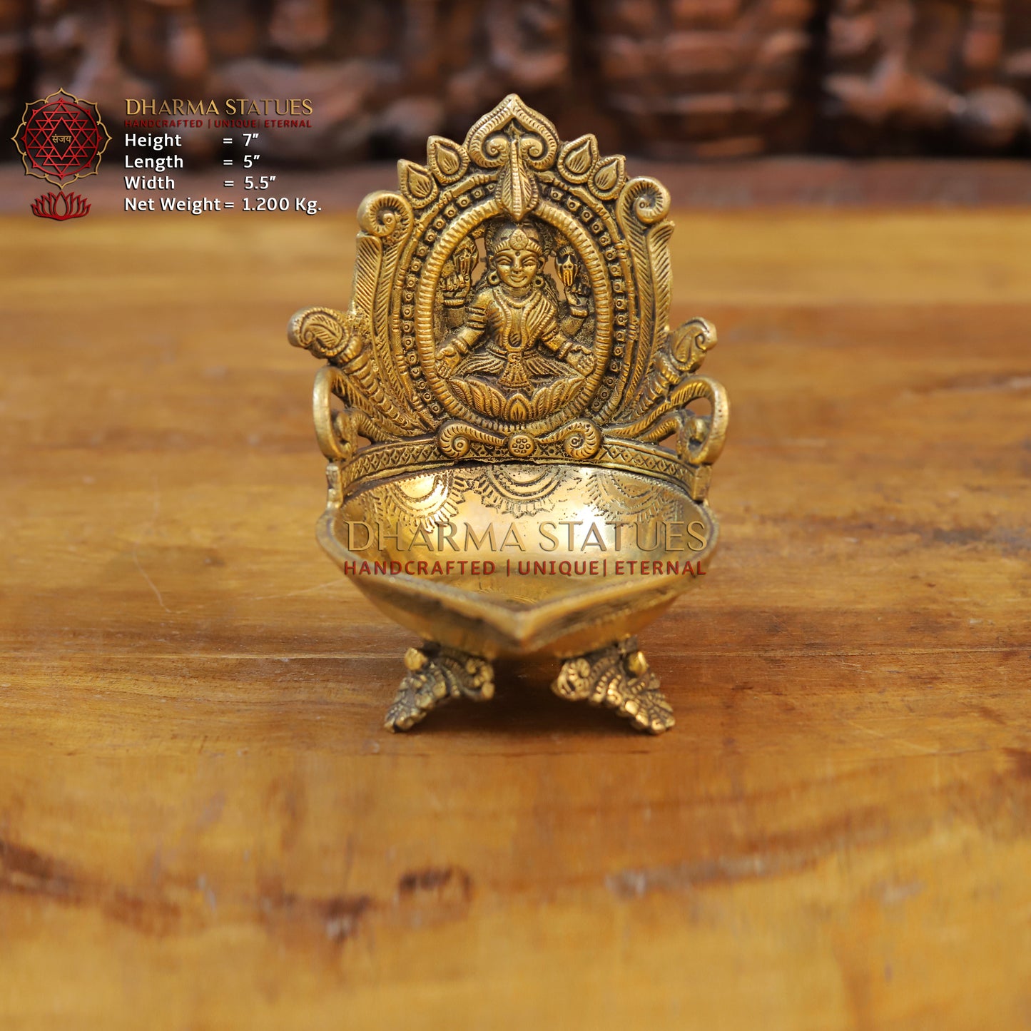 Brass Lakshmi Diya, Fine Golden Finish 7"