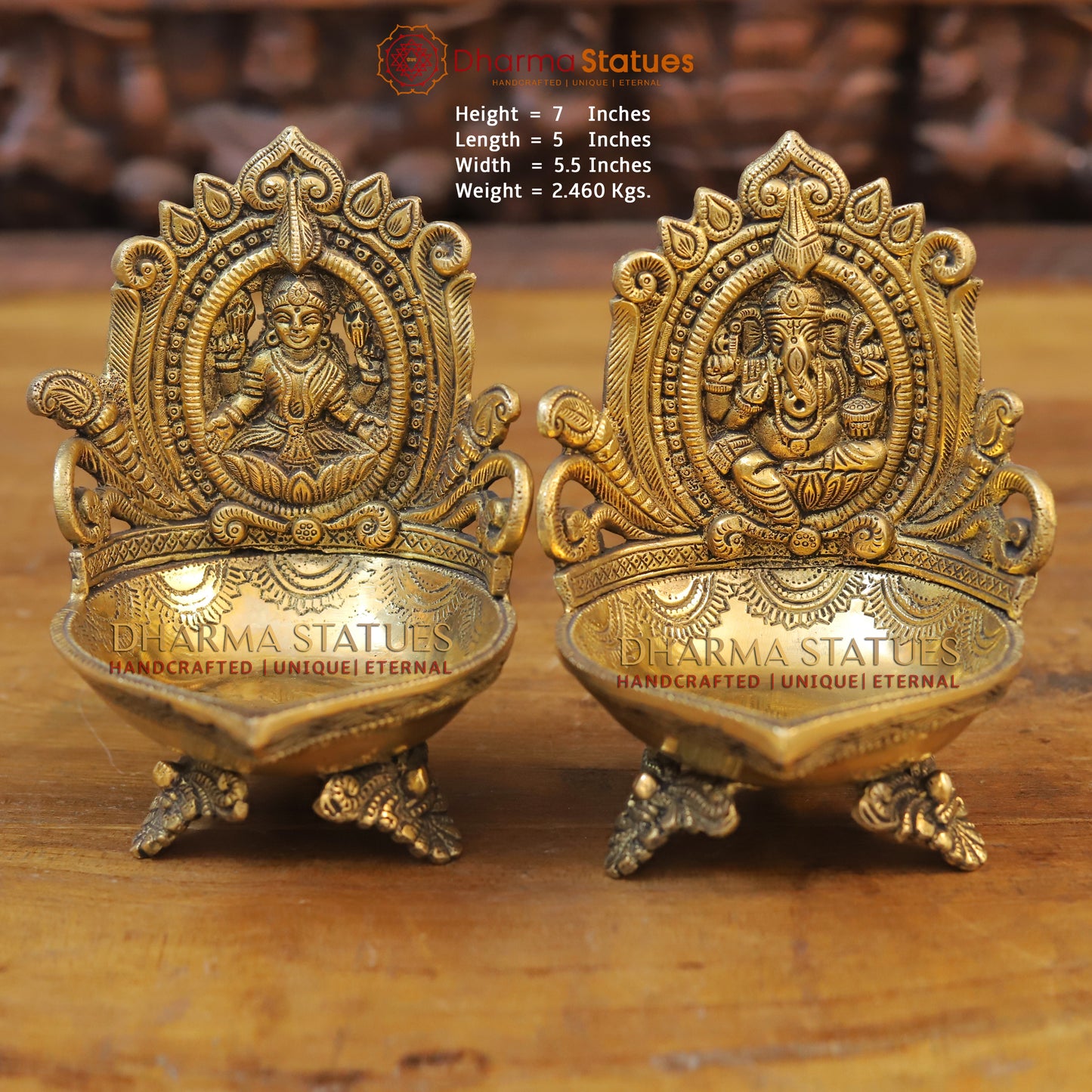 Brass Lakshmi and Ganesh Diya, Fine Golden Finish 7"